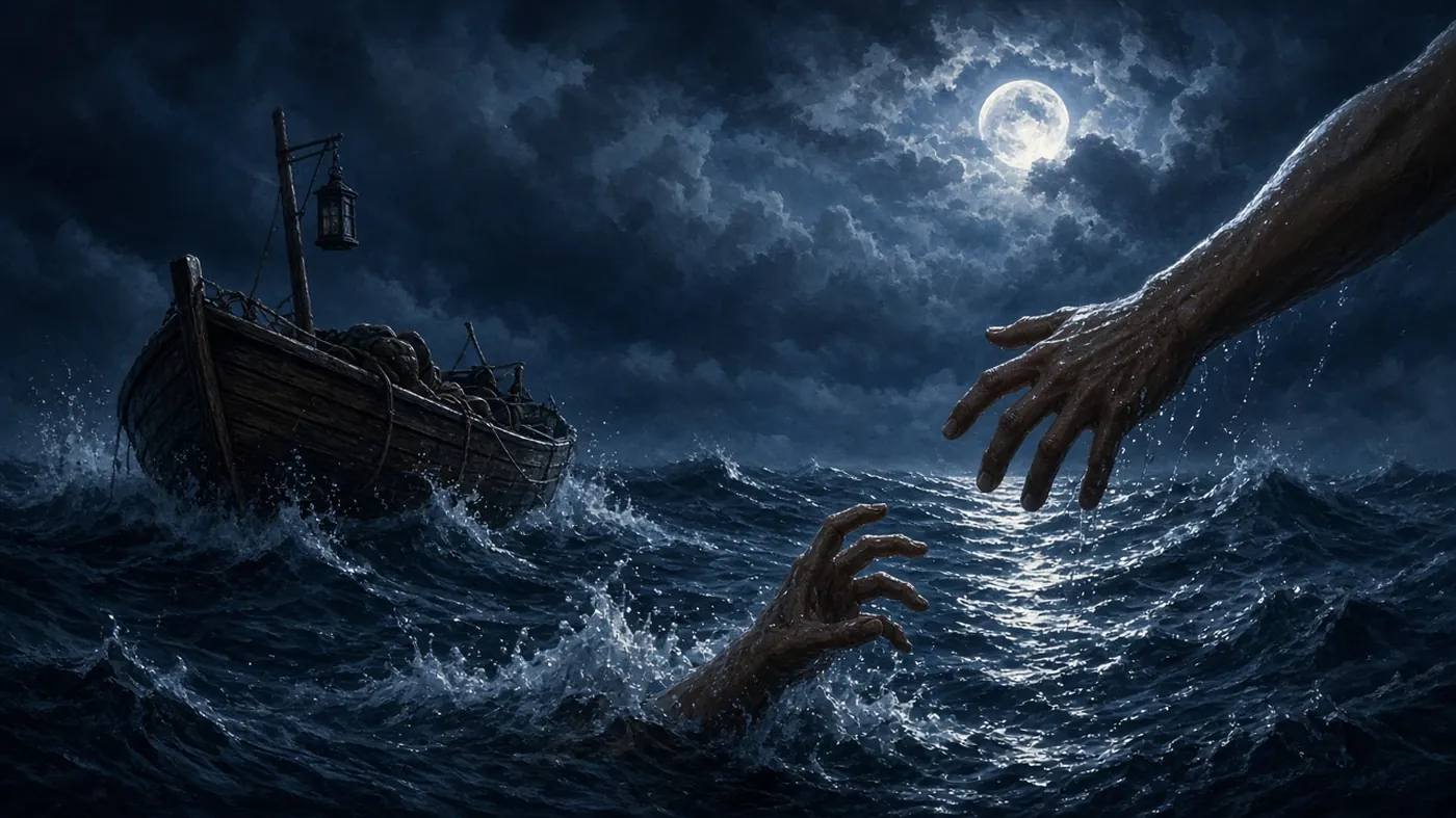 Nacht auf dem See: Boot im Sturm und zwei Hände, die sich greifen