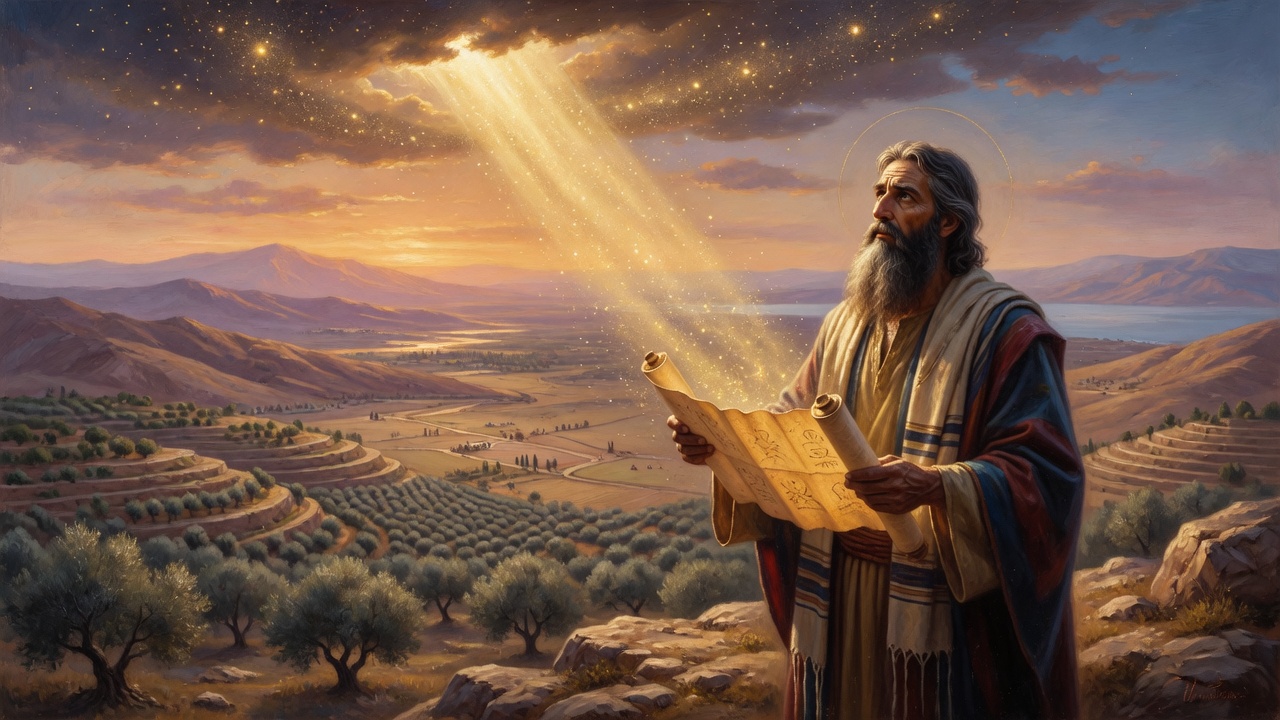 Abraham auf dem Höhenzug, Blick über das verheißene Land im goldenen Licht