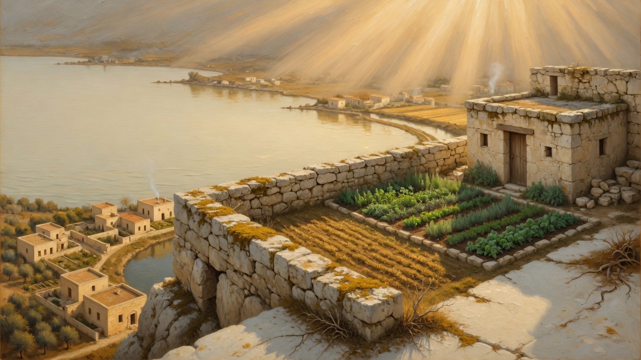 Steinmauer, gepflegtes Beet und ein Haus, das Land bleibt weit