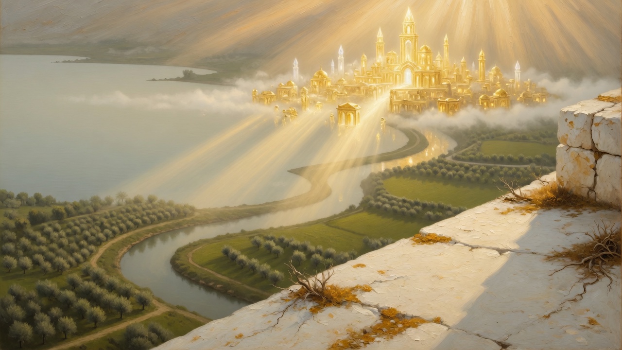 Goldene Stadt im Licht über Fluss und Feldern, kein Fahrzeug