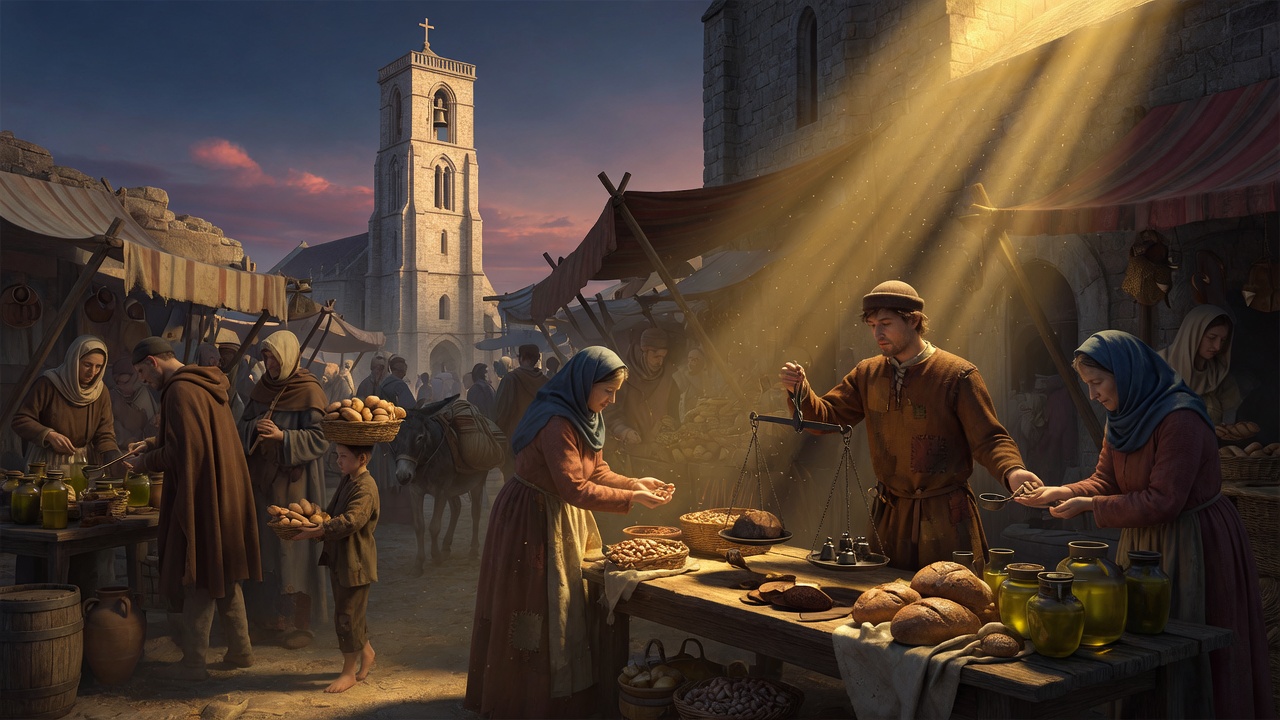 Markt mit Waage und goldenem Licht