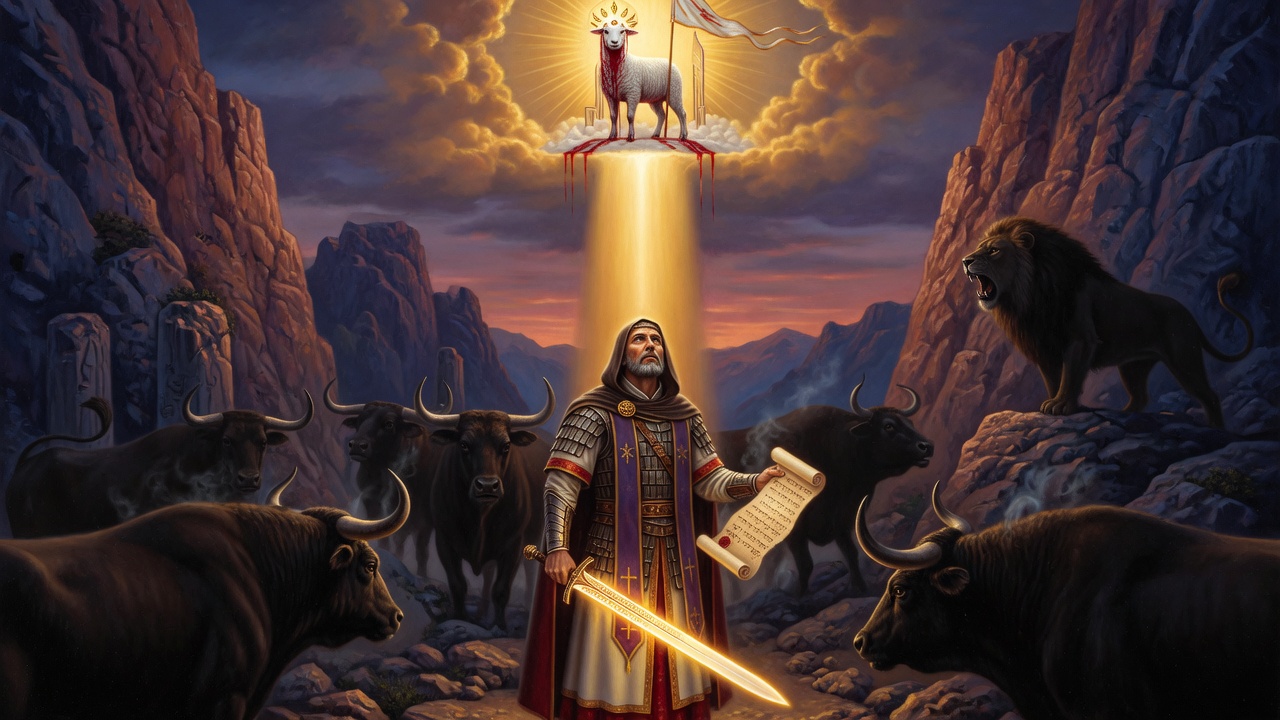 Kriegerpriester im goldenen Licht, umringt von Stieren Baschans; über ihm Thron und Lamm – Paladine-Hero zu Psalm 22,12–14