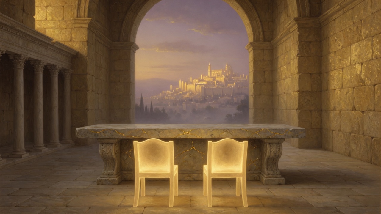 Zwei leuchtende Sitze an einem Steintisch, im Bogen eine goldene Stadt in der Dämmerung